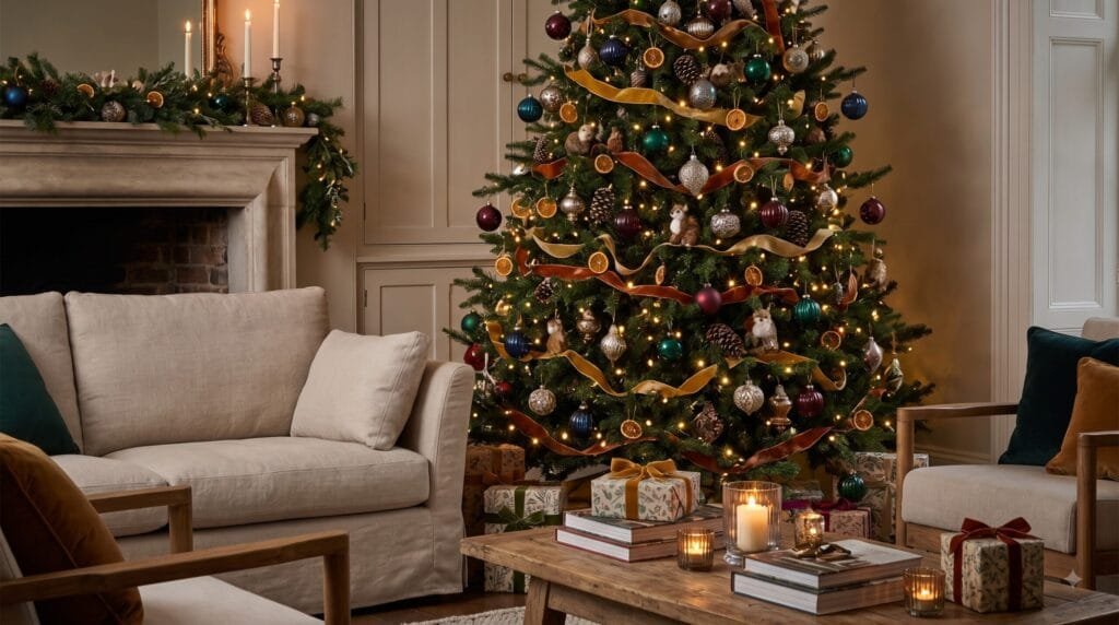 Trending Christmas tree decorated with jewel-tone ornaments, vintage baubles, natural accents, velvet ribbon, woodland details, and warm white lights.