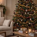 10 Trending Christmas Tree Ideas for 2026 Trending Christmas tree decorated with jewel-tone ornaments, vintage baubles, natural accents, velvet ribbon, woodland details, and warm white lights.