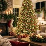 15 Indoor Christmas Decor Ideas for a Cozy and Festive Home Cozy Christmas living room with a decorated tree, garland-covered mantel, wreath, candles, stockings, wrapped gifts, and warm holiday accents.