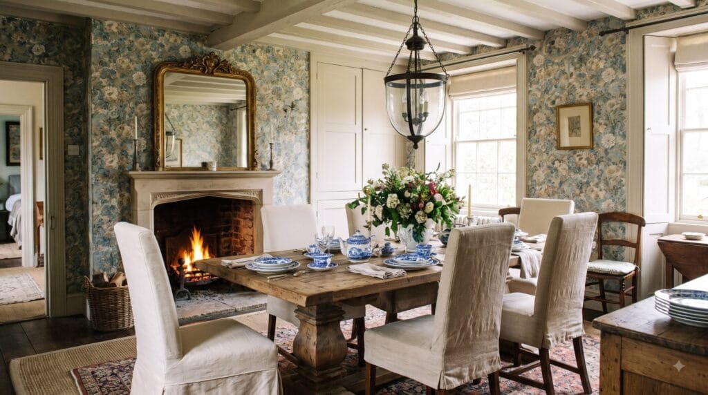 Cozy timeless dining room with a reclaimed wood table, linen chairs, vintage mirror, floral centerpiece, and warm lighting