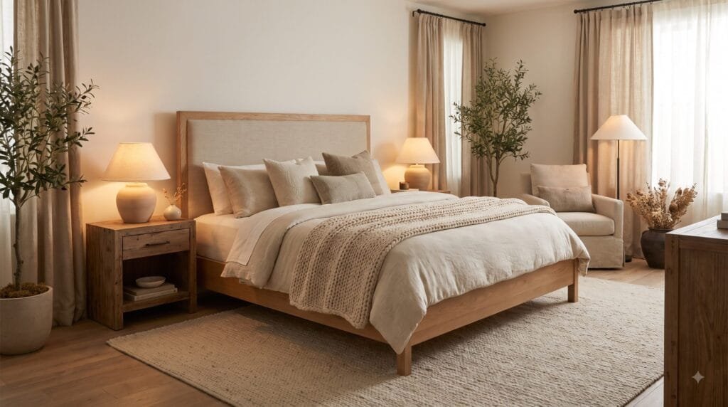 Cozy bedroom with warm neutral bedding, layered pillows, a soft knit throw, natural wood furniture, textured rug, and warm bedside lighting.