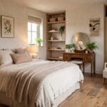 Stylish cozy bedroom with layered bedding, warm lighting, a vanity area, comfortable seating, and elegant decor.