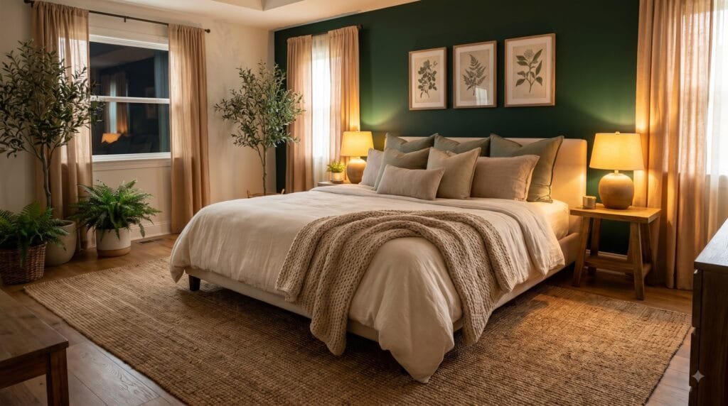 Green master bedroom with deep green walls, cream bedding, natural wood furniture, warm lighting, and cozy textured decor.