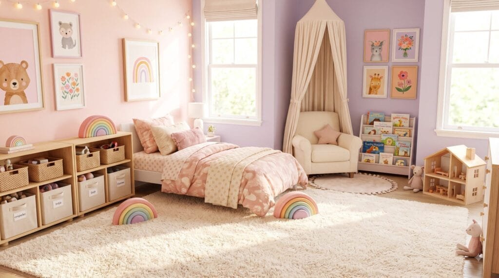 Cute toddler girl bedroom with a cozy bed, toy storage, reading nook, soft rug, and playful decor.