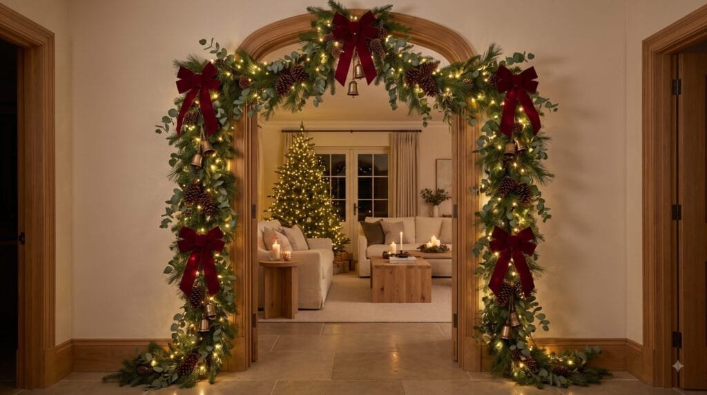 Elegant interior doorway decorated with lush Christmas garland, warm white lights, red velvet bows, pinecones, and brass bells.