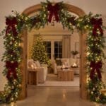 12 Christmas Garland Doorway Ideas for a Festive Home Elegant interior doorway decorated with lush Christmas garland, warm white lights, red velvet bows, pinecones, and brass bells.