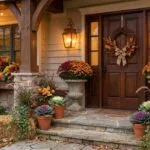 15 Fall Outdoor Planter Ideas for a Beautiful Front Porch Fall front porch decorated with outdoor planters filled with mums, ornamental cabbage, grasses, ivy, pumpkins, and seasonal foliage.