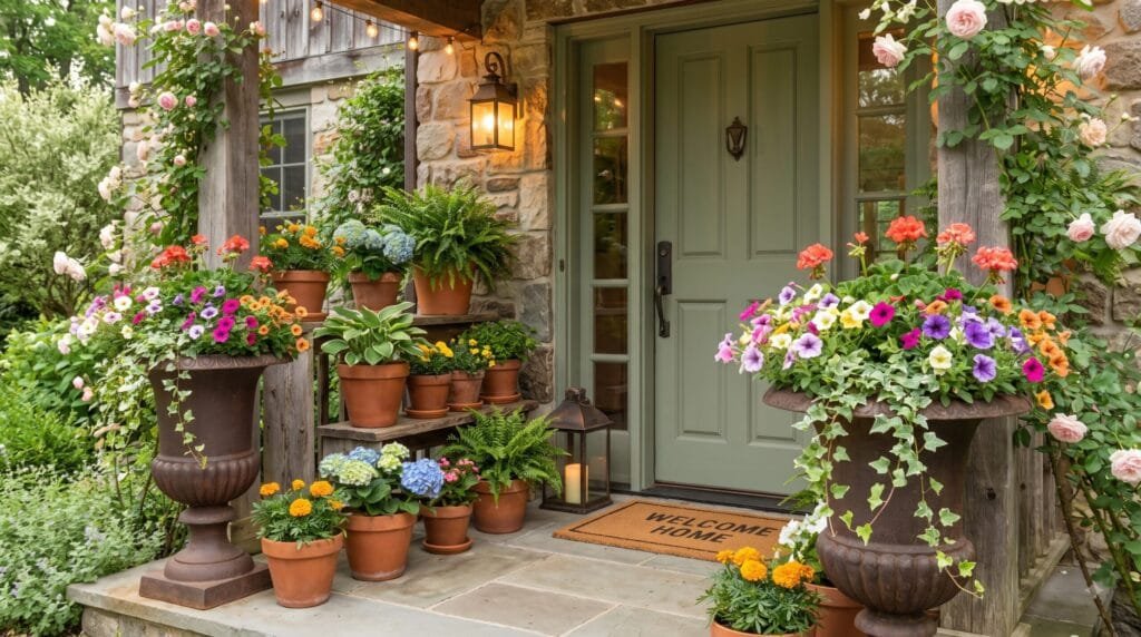 Front porch with decorative flower pots, colorful blooms, terracotta planters, and lush greenery creating beautiful curb appeal.