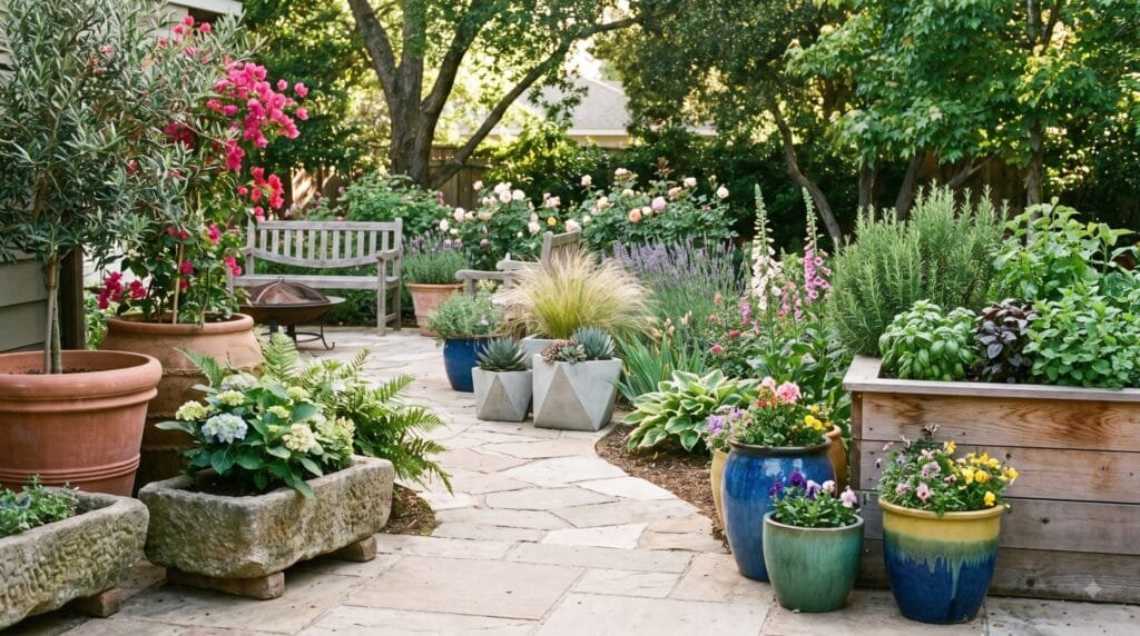 Garden pot display featuring terracotta, stone, concrete, ceramic, herb planters, colorful containers, and lush outdoor plants.