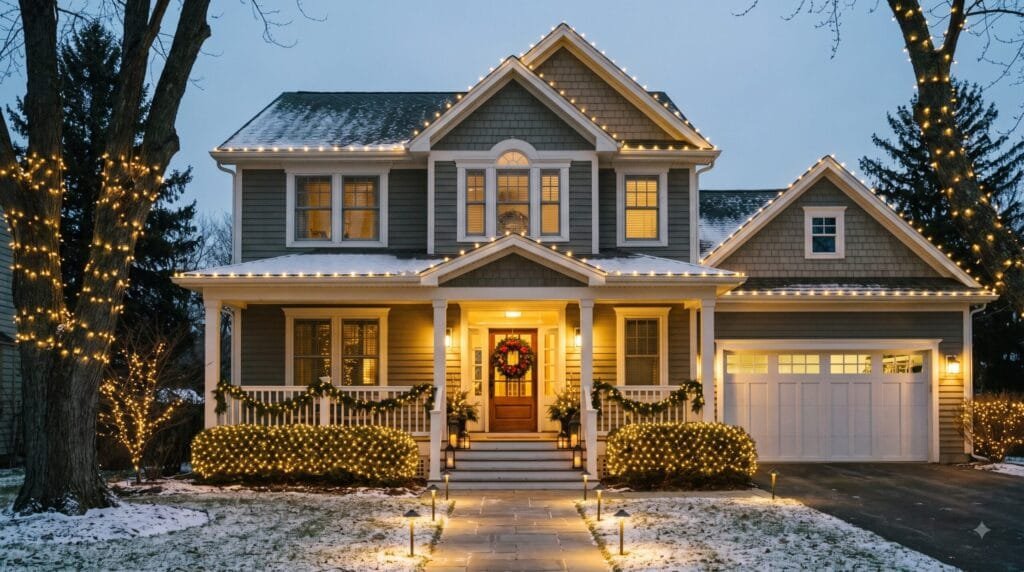 Christmas home exterior decorated with warm white roofline lights, glowing shrubs, illuminated trees, pathway lights, and a festive front doorway.