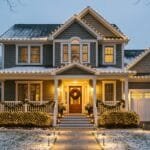 9 Outdoor Christmas Light Display Ideas for a Glowing Holiday Home Christmas home exterior decorated with warm white roofline lights, glowing shrubs, illuminated trees, pathway lights, and a festive front doorway.