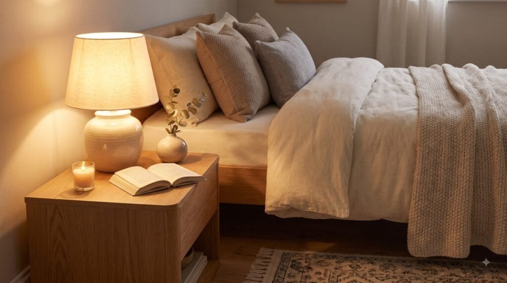Cozy bedroom with a glowing ceramic bedside table lamp, neutral bedding, natural wood furniture, and warm decorative details.
