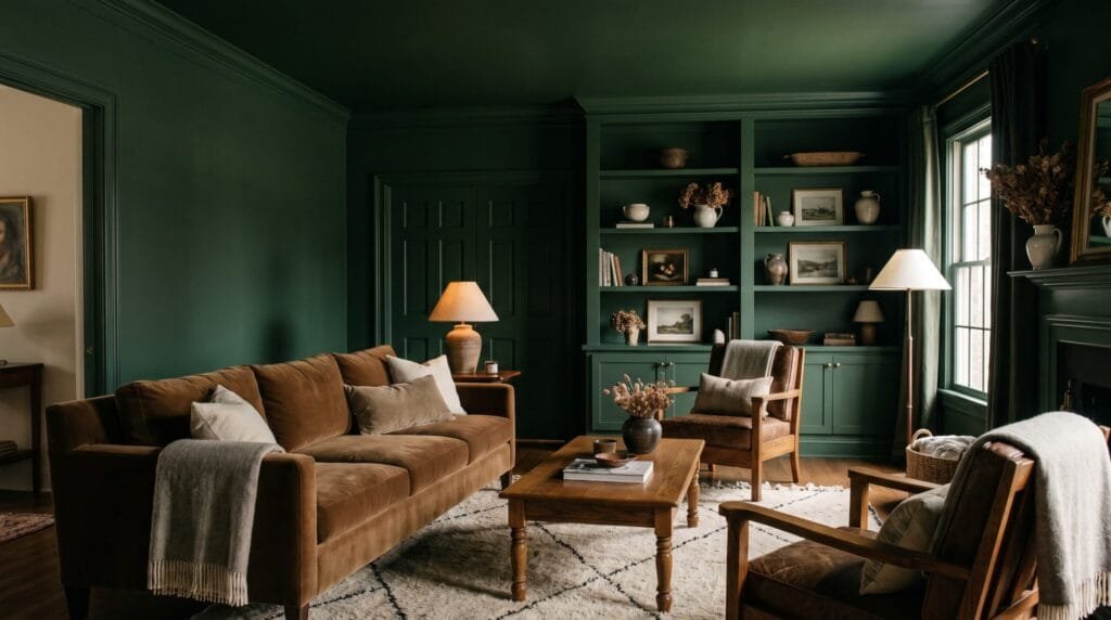 Moody color-drenched living room with deep green walls, matching trim, warm lighting, textured furnishings, and natural wood decor.