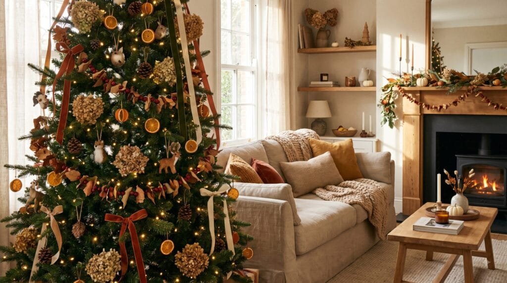 Autumn Christmas tree decorated with dried oranges, woodland ornaments, warm ribbons, natural garlands, pumpkins, and cozy lights.