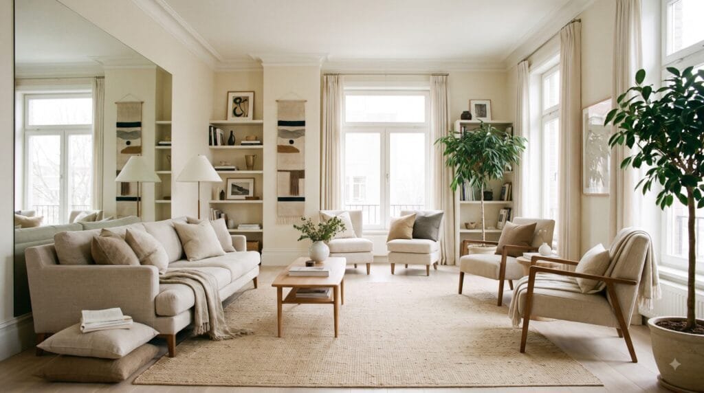 Bright and airy living room with neutral furniture, a large mirror, natural light, and an open, uncluttered layout.