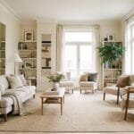 Bright and airy living room with neutral furniture, a large mirror, natural light, and an open, uncluttered layout.