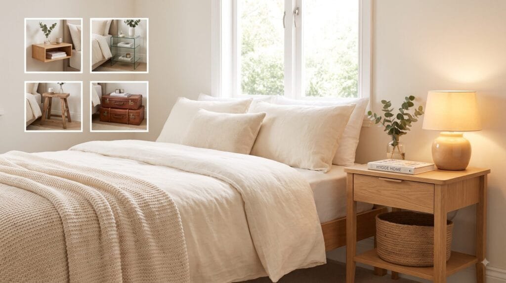 Stylish bedroom with a wooden bedside table, warm lamp, books, and greenery, with examples of space-saving and decorative nightstand ideas.