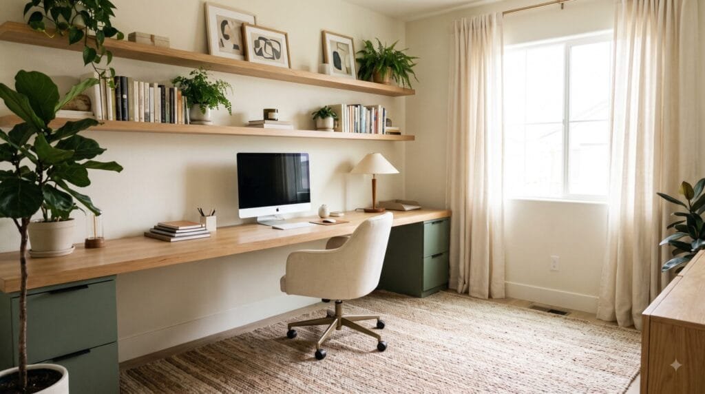 Stylish home office with a modern desk, comfortable chair, organized storage, plants, warm lighting, and natural wood decor.