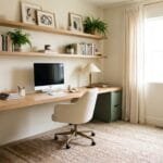 Stylish home office with a modern desk, comfortable chair, organized storage, plants, warm lighting, and natural wood decor.