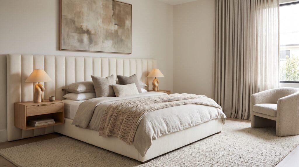 Modern master bedroom with an upholstered bed, layered neutral bedding, elegant lighting, textured rug, and stylish contemporary furniture.