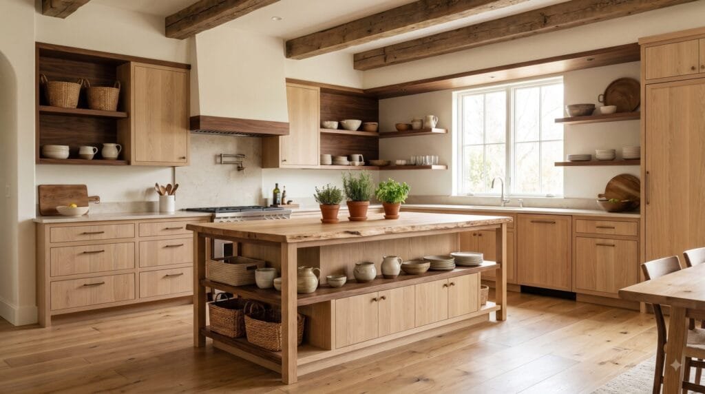 Warm wood kitchen with pale oak cabinets, walnut accents, a wooden island, stone countertops, timber flooring, and natural decor.