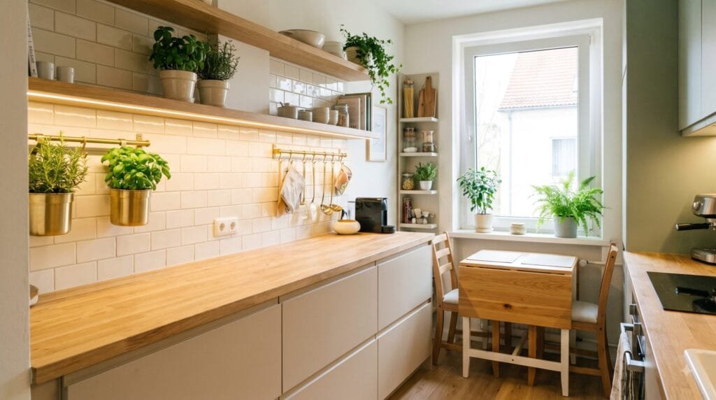 Small apartment kitchen with smart storage, open shelves, compact dining table, warm lighting, and indoor plants.