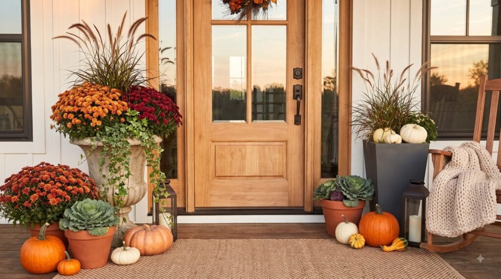 Fall porch decorated with outdoor planters filled with mums, ornamental cabbage, grasses, ivy, pumpkins, and terracotta pots.