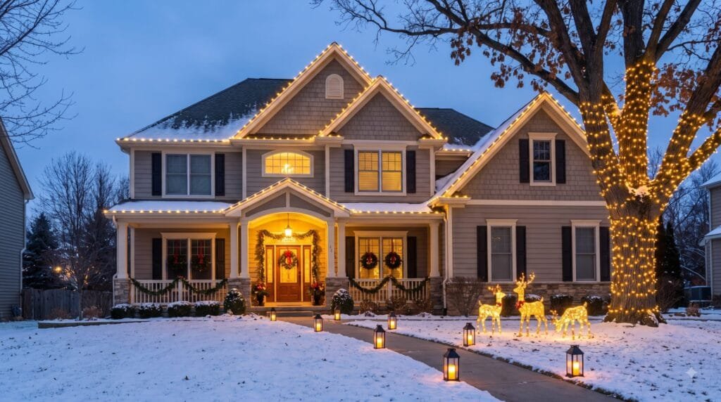 Beautiful Christmas-decorated home with warm white roofline lights, illuminated trees, glowing walkway lanterns, and festive outdoor lawn decorations.