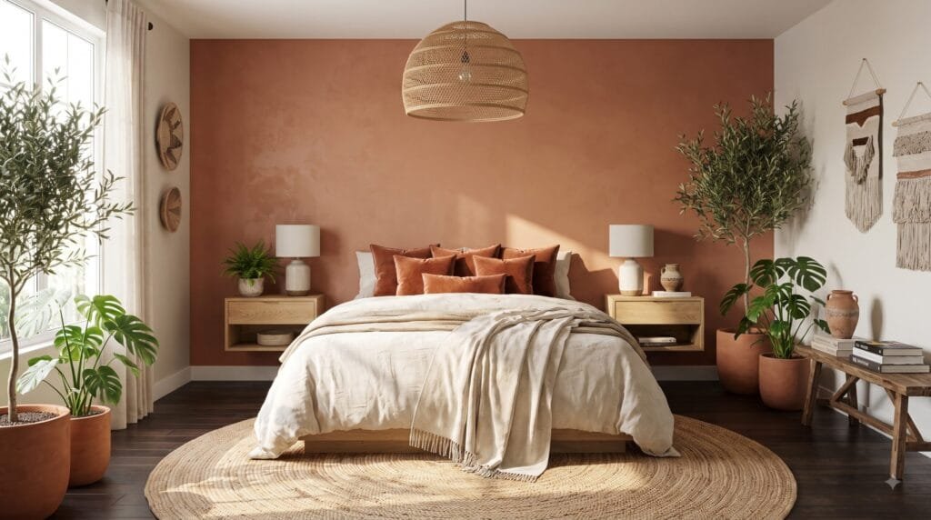 Terracotta bedroom ideas with warm earthy decor, cream bedding, natural wood furniture, and cozy styling