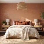 Terracotta bedroom ideas with warm earthy decor, cream bedding, natural wood furniture, and cozy styling