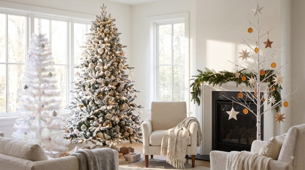 Popular artificial white and flocked Christmas trees in different sizes and shapes, featuring varied branch styles and lighting options for holiday decorating.