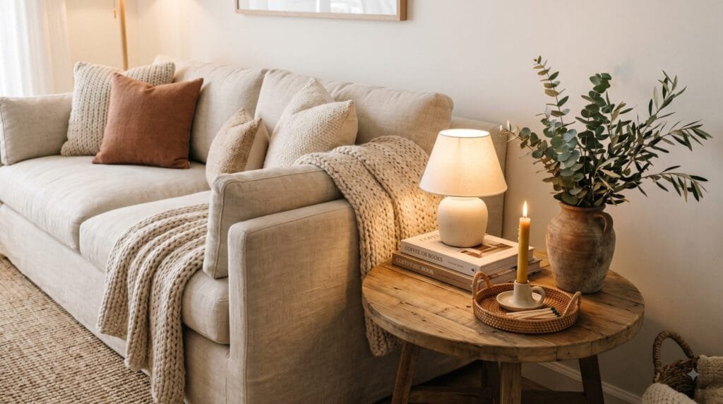 Living room side table decor ideas with books, lamp, candle, vase, and stylish decorative accessories