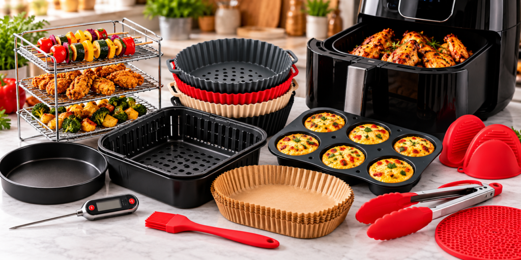 Air fryer accessories arranged on a bright kitchen countertop, including a digital meat thermometer, silicone liners, metal cooking racks, baking pans, egg molds, parchment liners, kitchen tongs, silicone mitts, and an air fryer filled with roasted chicken.