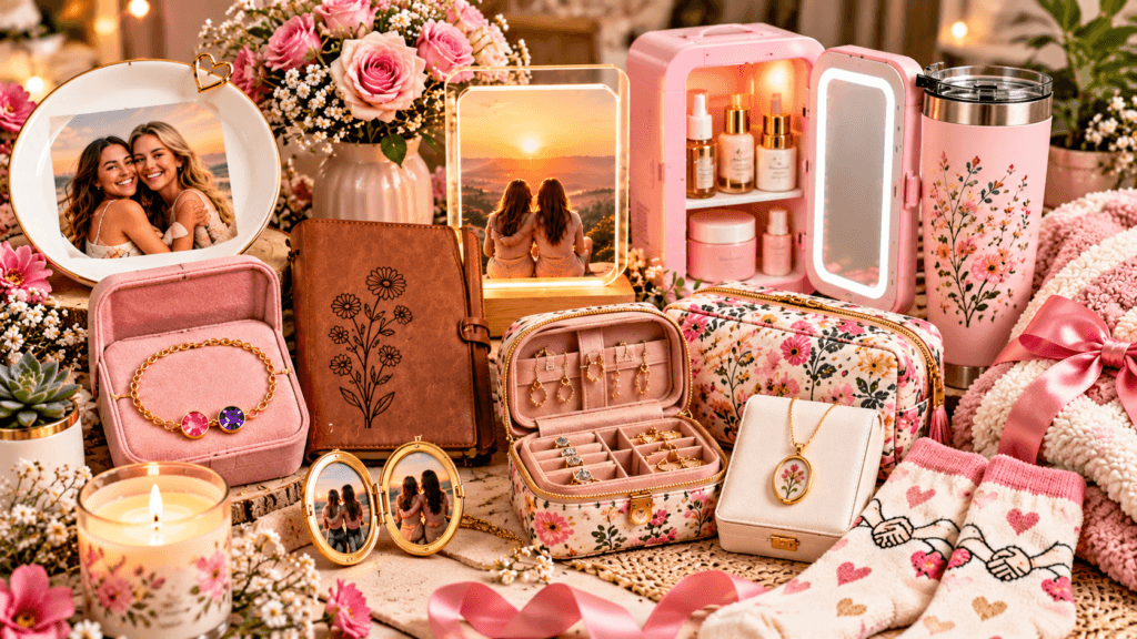Best friend birthday gift ideas arranged on a warm tabletop, featuring personalized jewelry, photo keepsakes, a floral journal, skincare gifts, travel jewelry organizer, tumbler, cozy blanket, candle, and flowers.