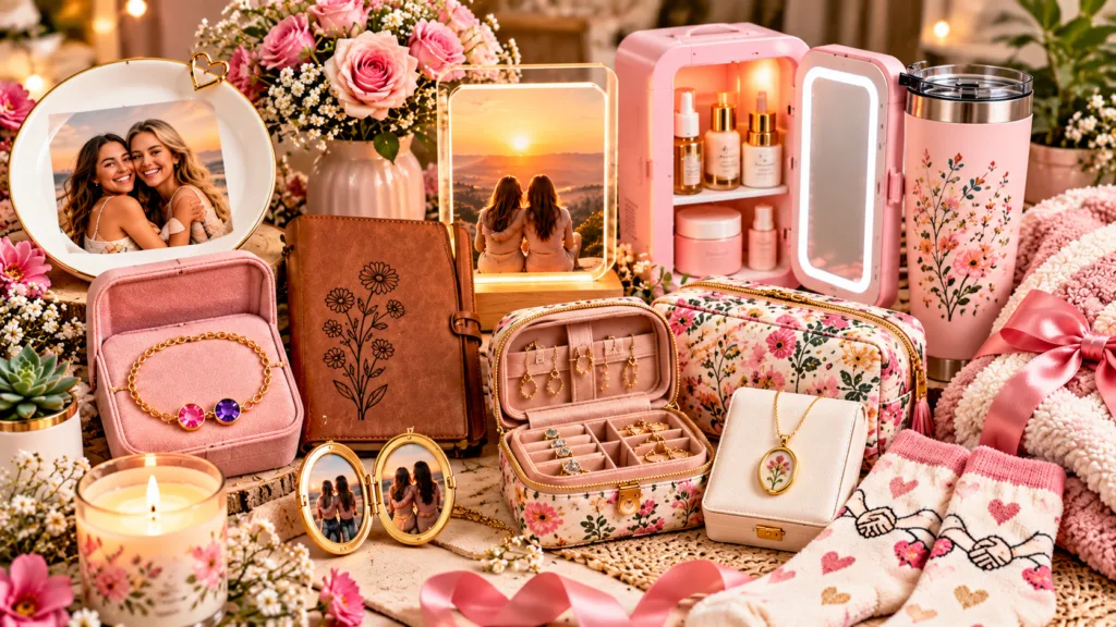 Best friend birthday gift ideas arranged on a warm tabletop, featuring personalized jewelry, photo keepsakes, a floral journal, skincare gifts, travel jewelry organizer, tumbler, cozy blanket, candle, and flowers.
