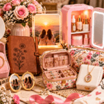 Best friend birthday gift ideas arranged on a warm tabletop, featuring personalized jewelry, photo keepsakes, a floral journal, skincare gifts, travel jewelry organizer, tumbler, cozy blanket, candle, and flowers.