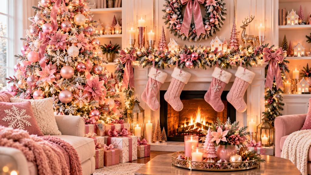 Pink Christmas living room decor featuring a blush pink Christmas tree, rose gold ornaments, velvet stockings, an evergreen mantel garland, pink bows, glowing candles, festive gifts, and a cozy fireplace in an elegant holiday home.