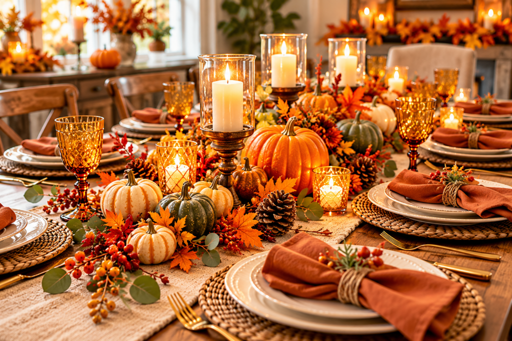 Thanksgiving table with orange and white pumpkins, glowing candles, amber glassware, autumn leaves, rustic woven chargers, and elegant rust-colored napkins.