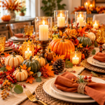 Thanksgiving table with orange and white pumpkins, glowing candles, amber glassware, autumn leaves, rustic woven chargers, and elegant rust-colored napkins.