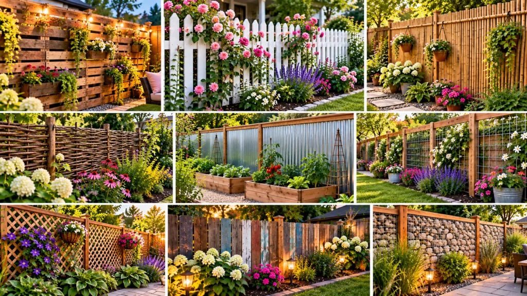 Collage of simple cheap garden fence ideas featuring wooden pallet fencing, white picket fencing, bamboo, corrugated metal, wire trellises, lattice, reclaimed wood, and gabion stone fences with colorful garden plants.