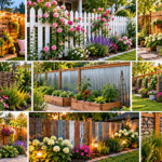 10 Simple Cheap Garden Fence Ideas for a Beautiful Backyard Collage of simple cheap garden fence ideas featuring wooden pallet fencing, white picket fencing, bamboo, corrugated metal, wire trellises, lattice, reclaimed wood, and gabion stone fences with colorful garden plants.
