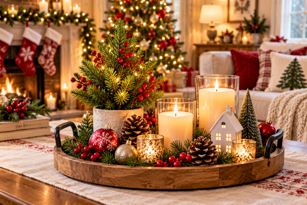Festive Christmas tray decorated with evergreen greenery, red berries, pinecones, candles, ornaments, a miniature Christmas tree, and a glowing ceramic house in a cozy holiday living room.