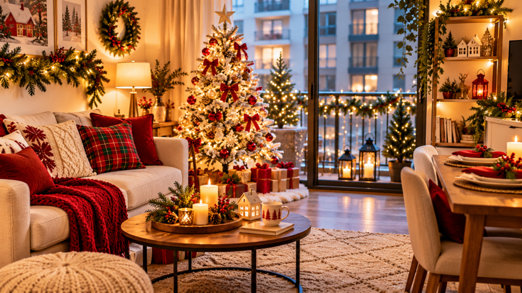 Cozy Christmas apartment decor with a flocked Christmas tree, warm fairy lights, red and white cushions, festive garlands, glowing candles, wrapped gifts, and a decorated coffee table in a small living room.