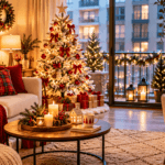 Cozy Christmas apartment decor with a flocked Christmas tree, warm fairy lights, red and white cushions, festive garlands, glowing candles, wrapped gifts, and a decorated coffee table in a small living room.