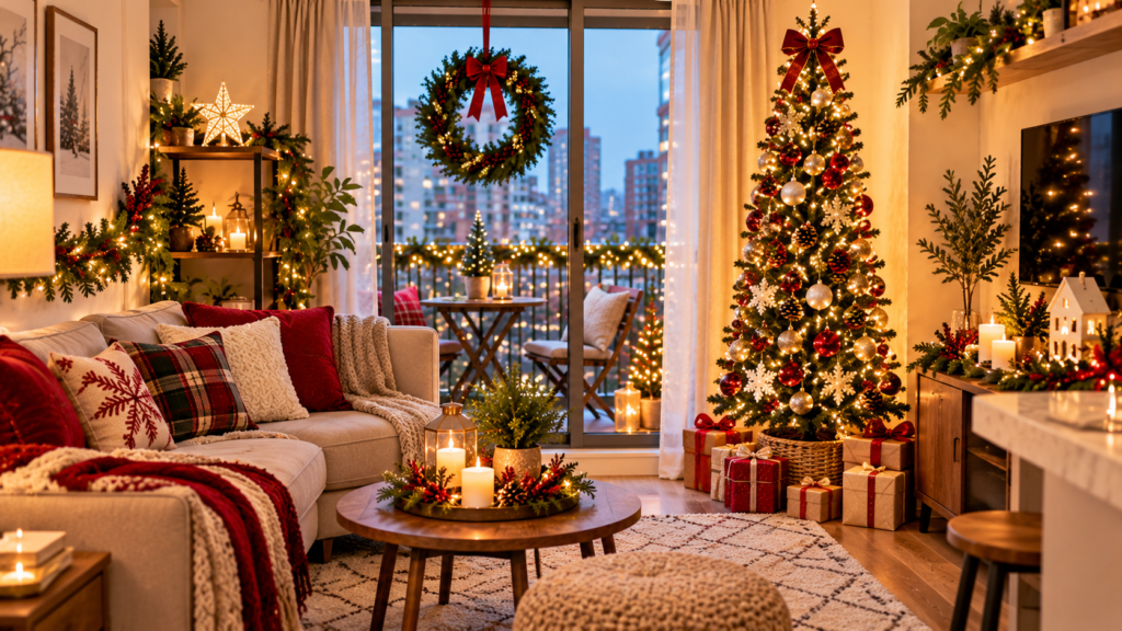 Cozy small apartment decorated for Christmas with a red-and-gold Christmas tree, warm fairy lights, festive cushions, evergreen garlands, glowing candles, wrapped gifts, and a decorated balcony.