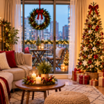 Cozy small apartment decorated for Christmas with a red-and-gold Christmas tree, warm fairy lights, festive cushions, evergreen garlands, glowing candles, wrapped gifts, and a decorated balcony.