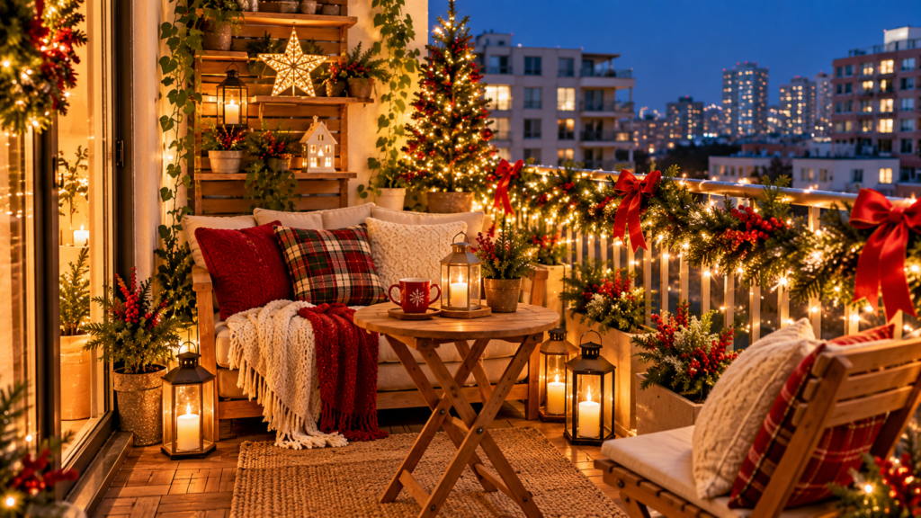 Cozy Christmas apartment balcony decorated with warm fairy lights, evergreen garlands, red bows, a mini Christmas tree, glowing lanterns, plaid cushions, knitted blankets, and rustic wooden furniture overlooking a city skyline at dusk.