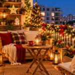 12 Christmas Balcony Decor Ideas for a Cozy Apartment Holiday Cozy Christmas apartment balcony decorated with warm fairy lights, evergreen garlands, red bows, a mini Christmas tree, glowing lanterns, plaid cushions, knitted blankets, and rustic wooden furniture overlooking a city skyline at dusk.