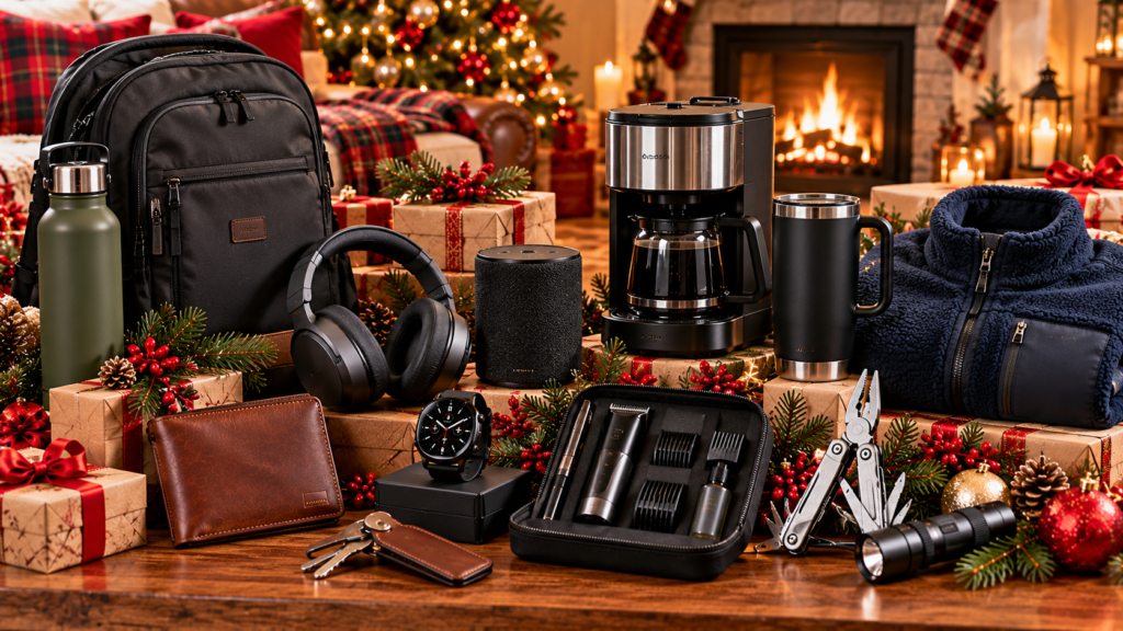Practical gifts for a husband, including a backpack, insulated water bottle, wireless headphones, smart speaker, coffee maker, travel tumbler, smartwatch, leather wallet, grooming kit, multitool, flashlight, and fleece jacket arranged on a wooden table in a cozy Christmas living room.