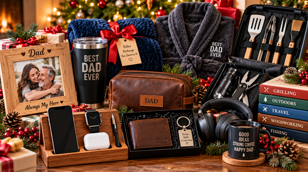 Thoughtful Christmas gifts for dad from daughter arranged on a festive wooden table, featuring a personalized father-daughter photo frame, engraved travel tumbler, cozy robe, leather toiletry bag, smartwatch, wireless earbuds, headphones, grilling tool set, wallet, books, and a personalized coffee mug surrounded by Christmas greenery, pinecones, ornaments, and wrapped presents.
